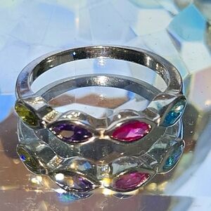 Silver .925 Rhodium Plated Genuine  Gemstones Ring sz 7